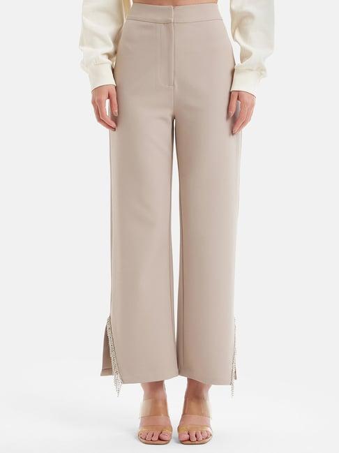 kazo beige regular fit high rise trousers