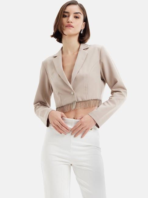 kazo beige embellished cropped jacket