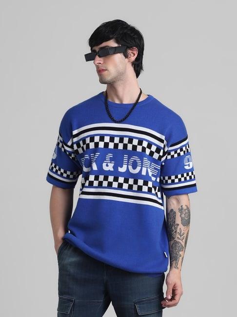 jack & jones turkish blue cotton regular fit striped sweater