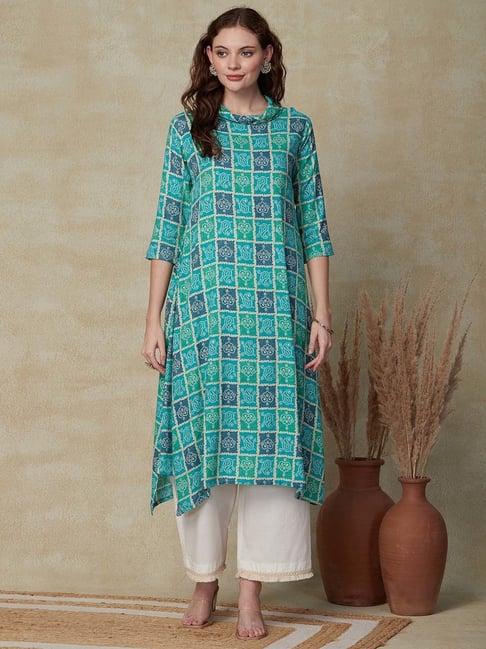 fashor turquoise printed a line kurta