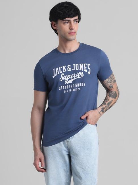 jack & jones blue cotton slim fit printed t-shirt