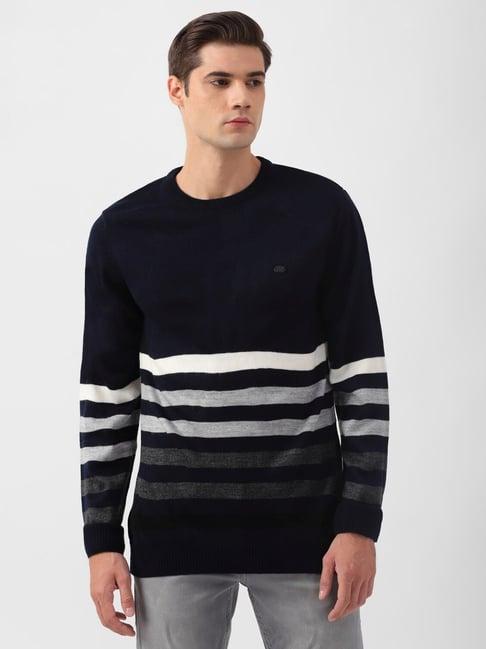 peter england navy regular fit striped sweater