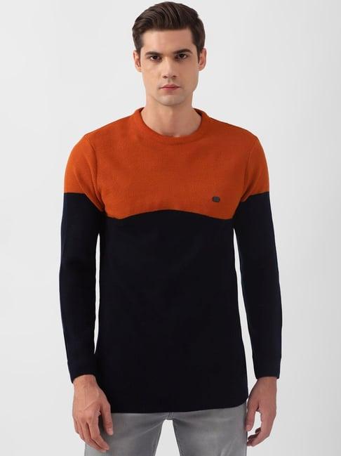 peter england navy & orange regular fit colour block sweater