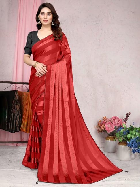 mirchi fashion red striped saree with unstitched blouse