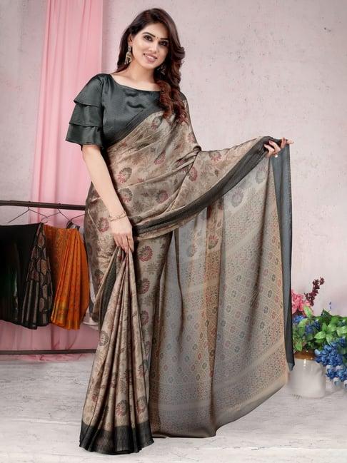 mirchi fashion cream printed saree with unstitched blouse