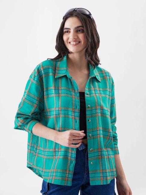 the souled store green cotton chequered shirt