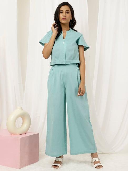 jaipur kurti sky blue cotton top & pant set