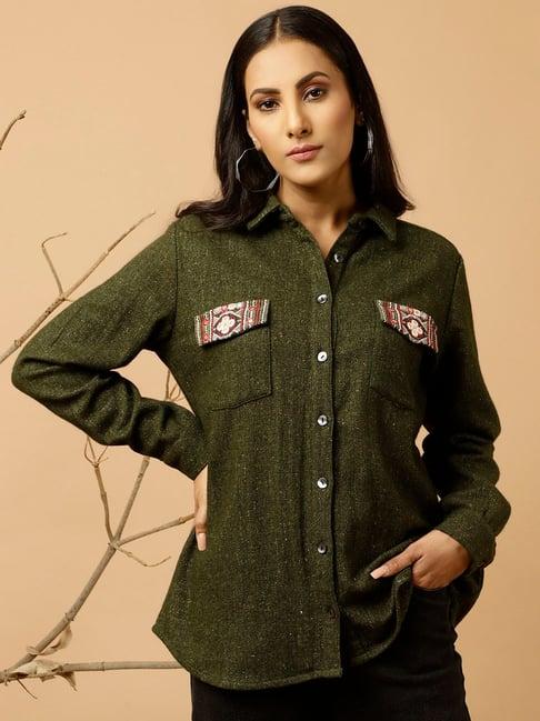 jaipur kurti green embroidered shirt