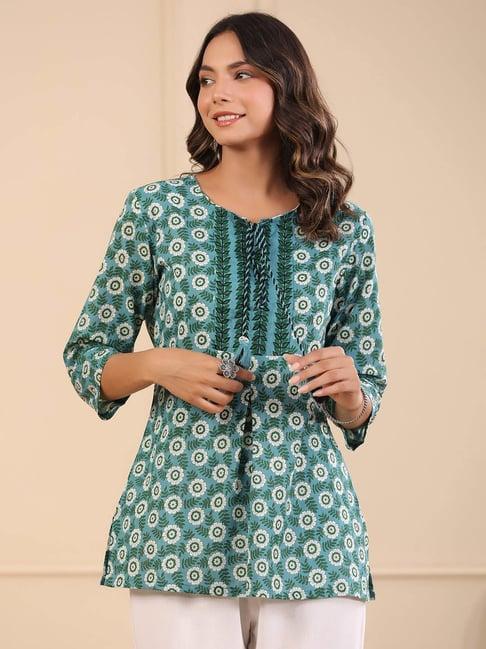 rain and rainbow green pure cotton floral a line kurti