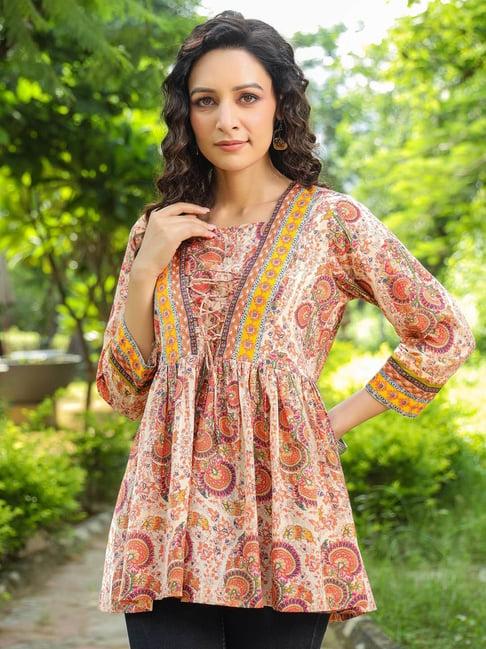 rain and rainbow beige cotton floral a line kurti