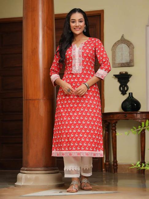 rain and rainbow red cotton printed straight kurta