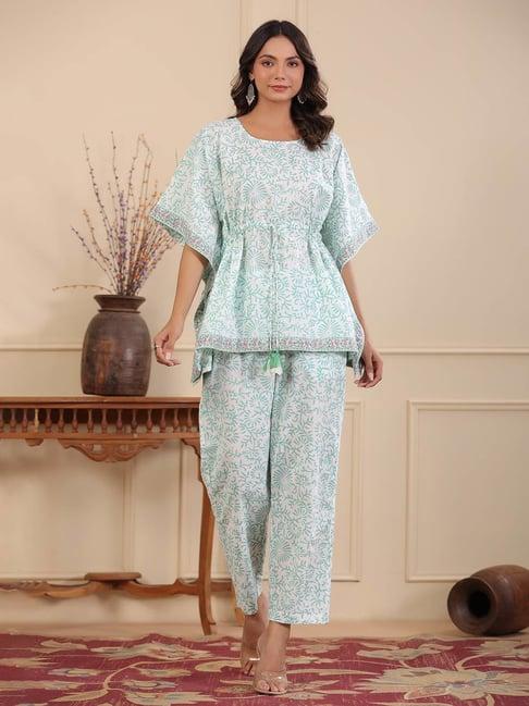 rain and rainbow sea green & white pure cotton floral kaftan top & pant set