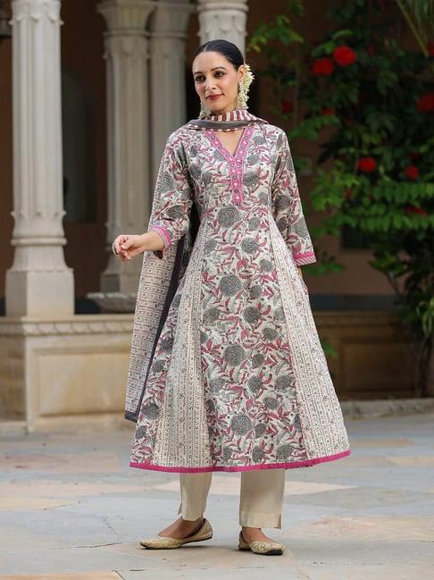 rain and rainbow pink & white pure cotton floral kurta with pant & dupatta