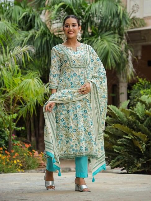 rain and rainbow teal pure cotton floral kurta with pant & dupatta