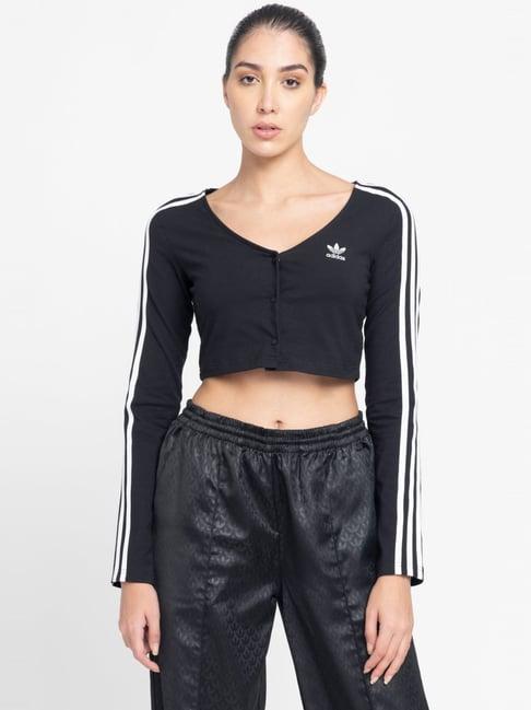 adidas originals black cotton logo print sports crop top