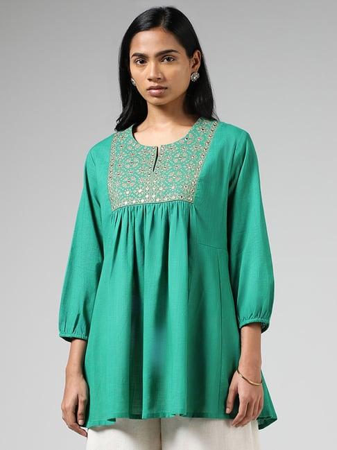 utsa by westside aqua green mirror embroidered gathered kurti