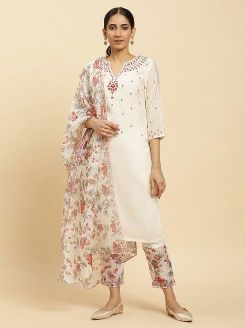 w ecru chanderi embroidered kurta with pant & dupatta