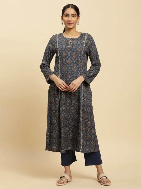 w royal blue printed kurta pant set