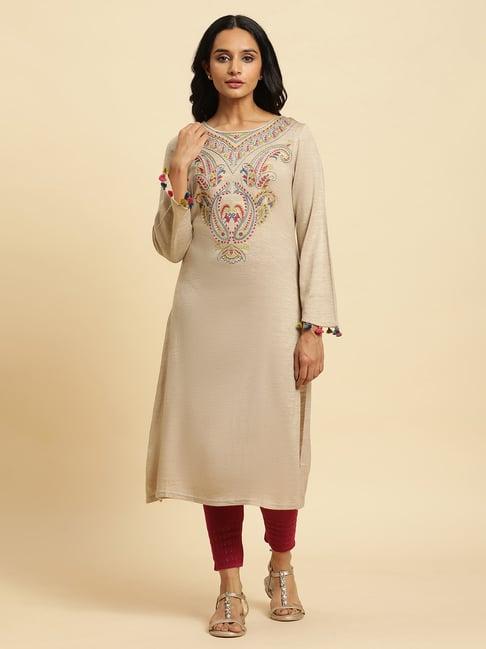 w beige embroidered kurta pant set