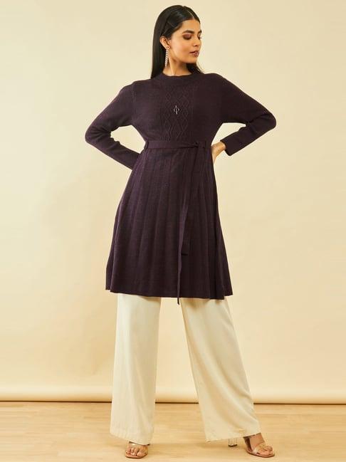 soch purple acrylic round-neck flared winter kurta with waist tie-up