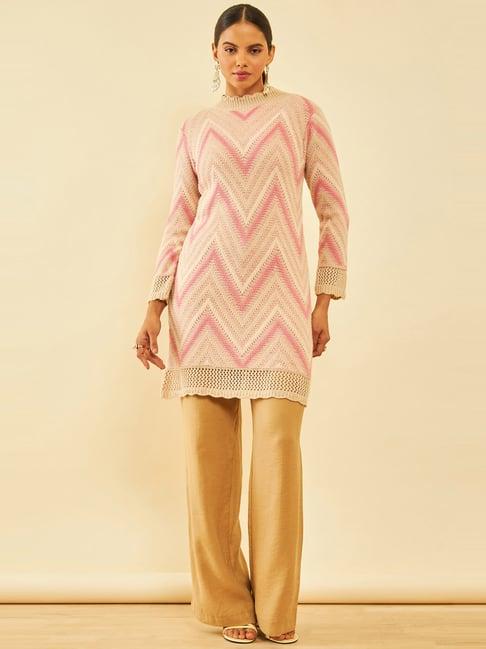 soch pink acrylic chevron pattern high-neck straight winter kurta