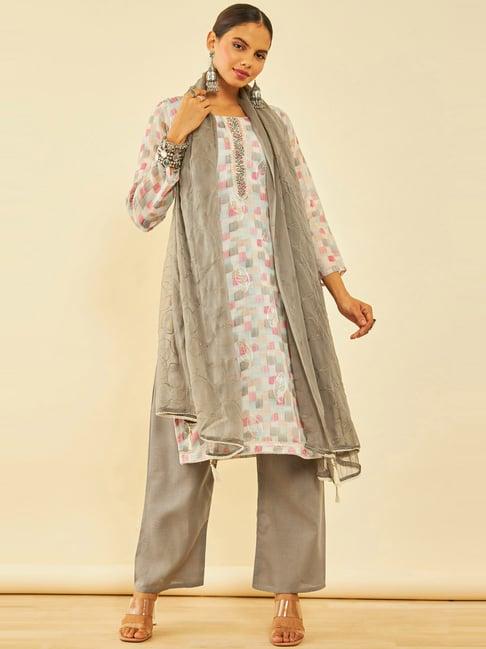 soch multicoloured linen geometric print unstitched dress material with dupatta