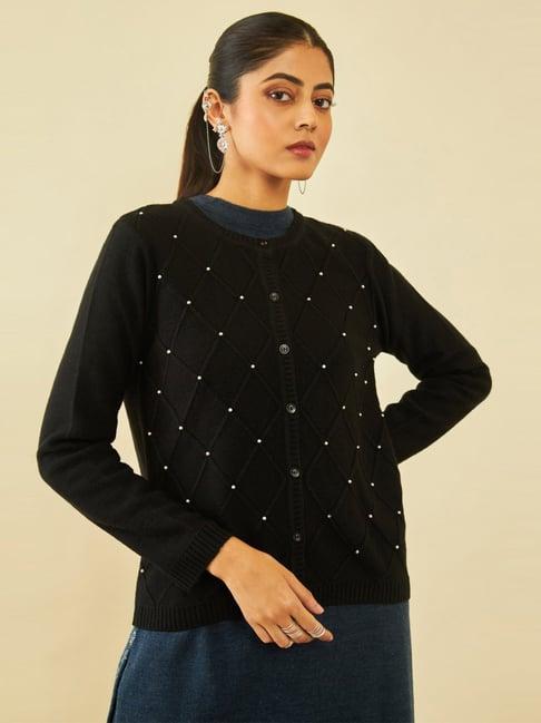 soch black acrylic pearl embellished diamond pattern knitted cardigan