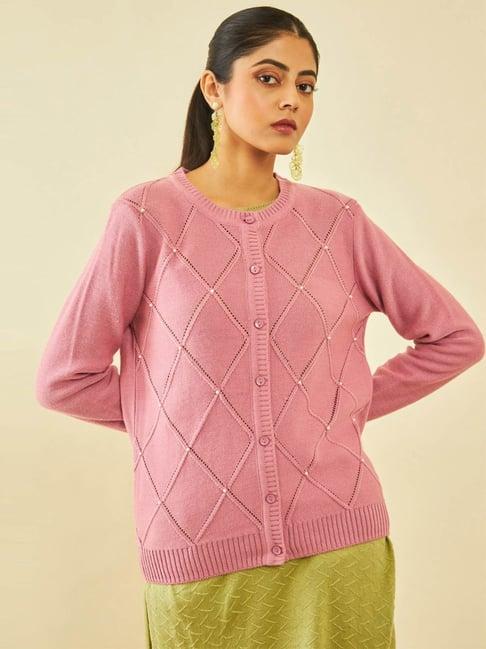 soch pink acrylic pearl embellished diamond pattern knitted cardigan