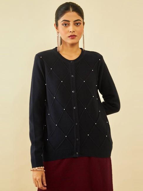 soch navy blue acrylic pearl embellished diamond pattern knitted cardigan