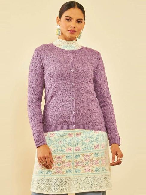 soch purple acrylic patterned knit round-neck cardigan with ribbed hems