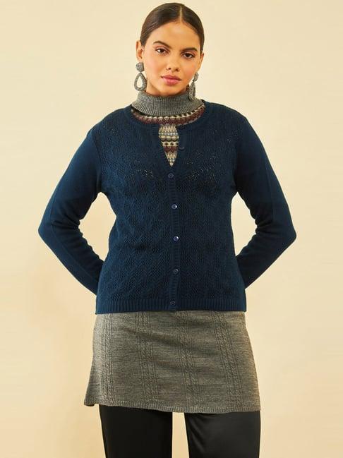 soch blue acrylic patterned knit round-neck cardigan with ribbed hems