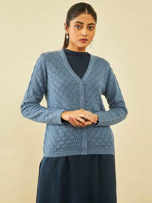 soch blue acrylic patterned knit v-neck cardigan with ribbed hems