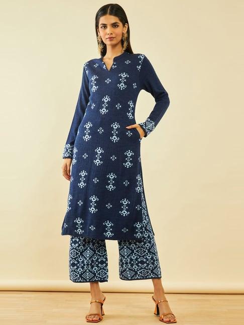 soch blue acrylic ethnic motifs pattern knitted winter kurta set