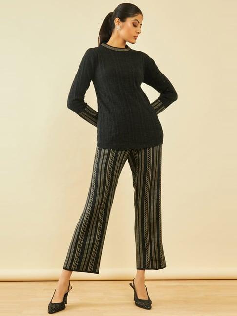 soch black acrylic striped pattern round-neck knitted co-ords set