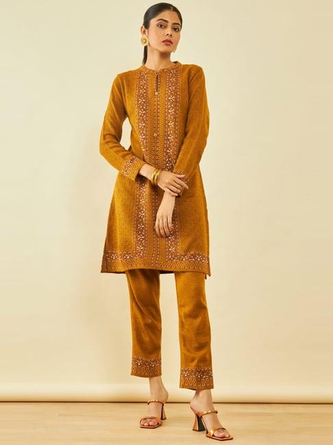 soch mustard acrylic floral pattern knitted winter straight kurta set