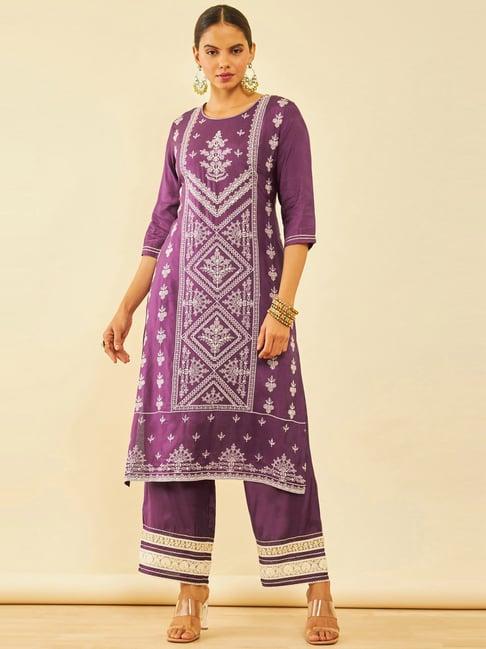 soch purple muslin floral embroidered sequin embellished straight kurta set