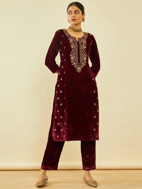 soch maroon velvet floral zari embroidered straight kurta set