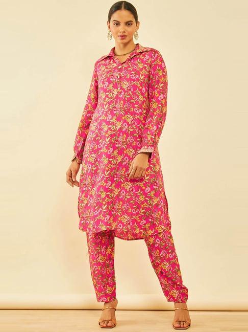 soch fuchsia muslin floral print zari embroidered co-ords set