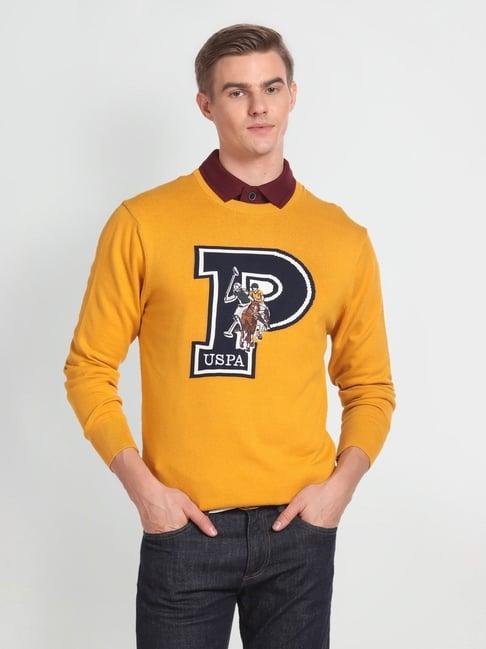 u.s. polo assn. denim co. mustard cotton regular fit self pattern sweater