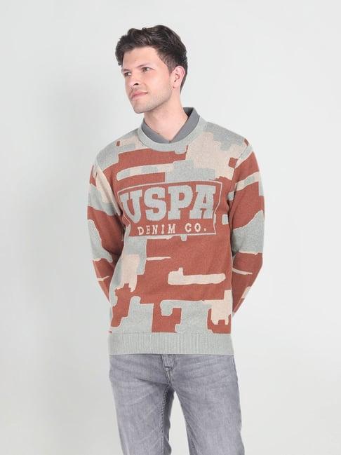 u.s. polo assn. denim co. brown and grey cotton regular fit self pattern sweater