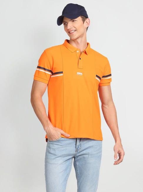 u.s. polo assn. orange cotton slim fit striped polo t-shirt