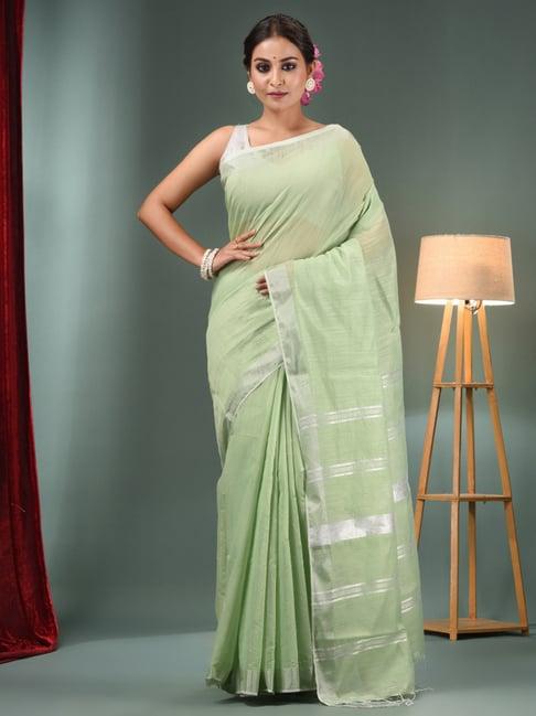 charukriti sage green striped saree with unstitched blouse