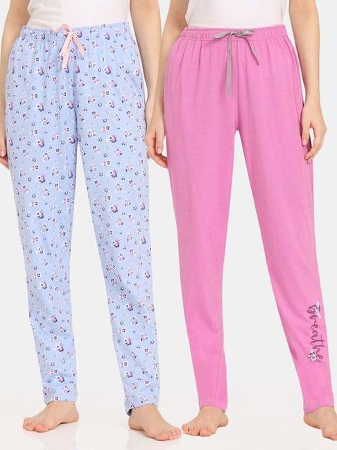 rosaline by zivame pink & blue printed pyjamas - pack of 2