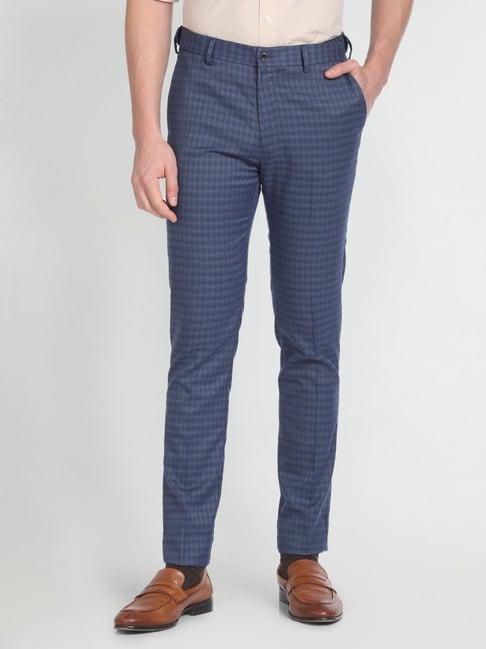 arrow newyork blue slim fit checks trousers