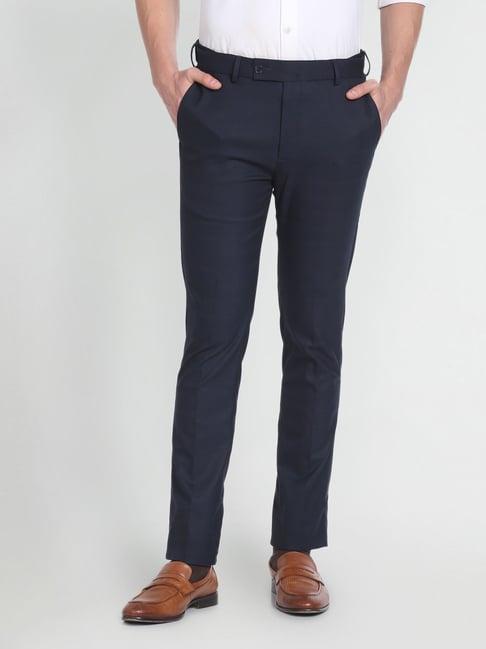 arrow navy blue cotton slim fit checks trousers