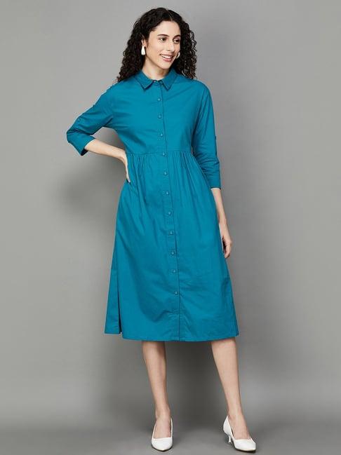 colour me by melange teal blue cotton shirt dress