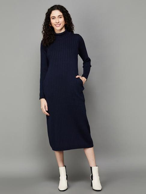 colour me by melange navy self pattern a-line dress