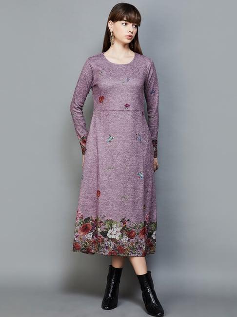 colour me by melange purple floral print a-line dress