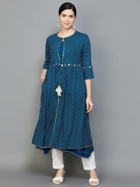 melange by lifestyle navy polka dots a line kurta