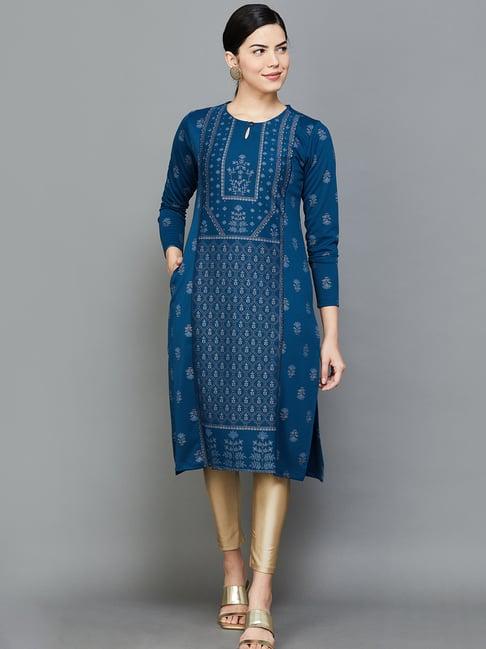 melange by lifestyle navy floral print straight kurta